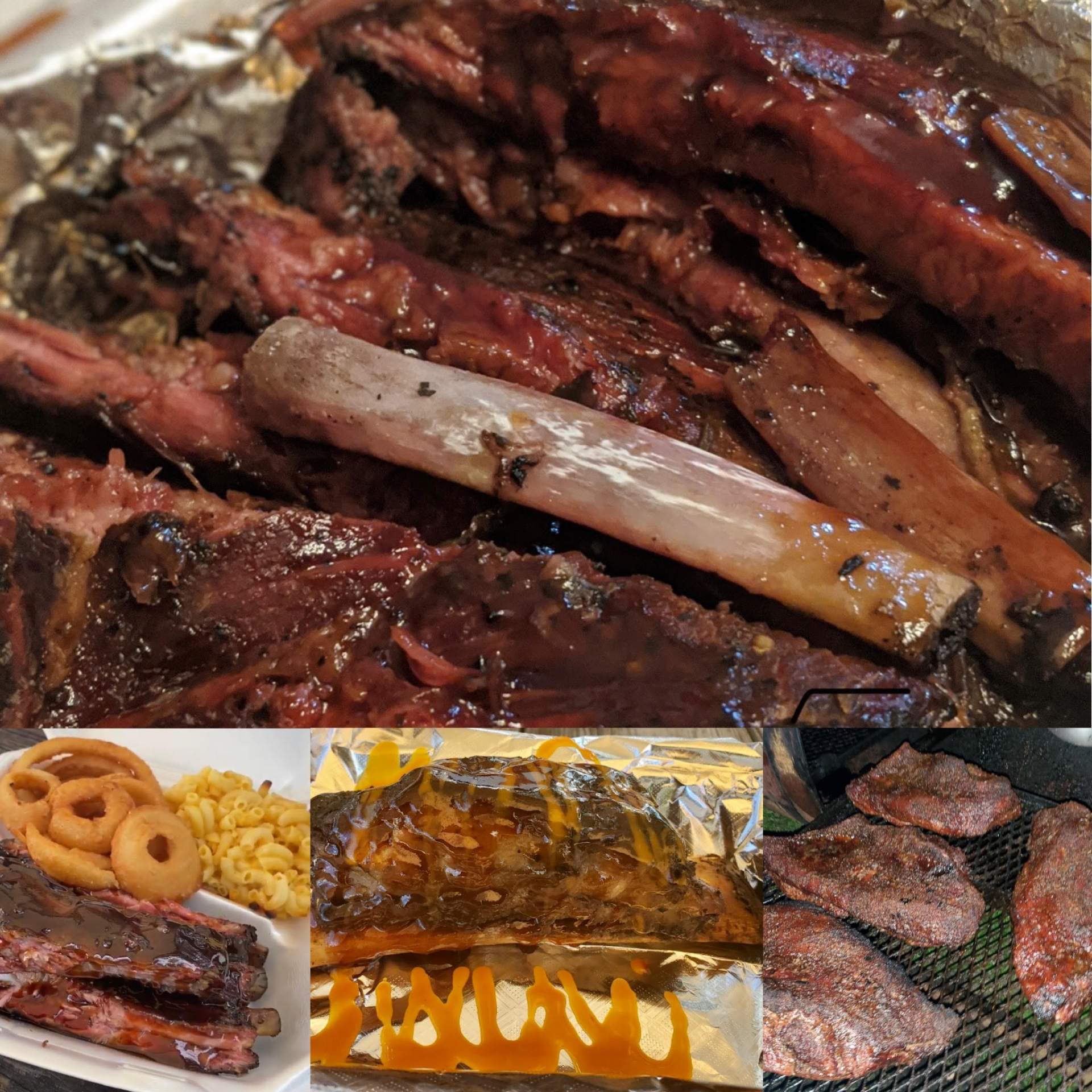 Ribs, Onion Rings, and Macaroni and Cheese